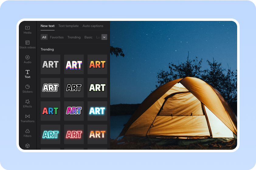 Diverse text templates and caption styles for adding text to video