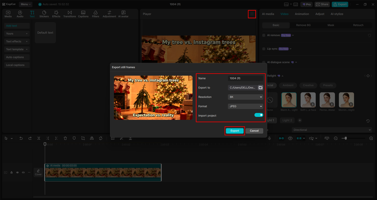 Exporting the image from the CapCut desktop video editor 