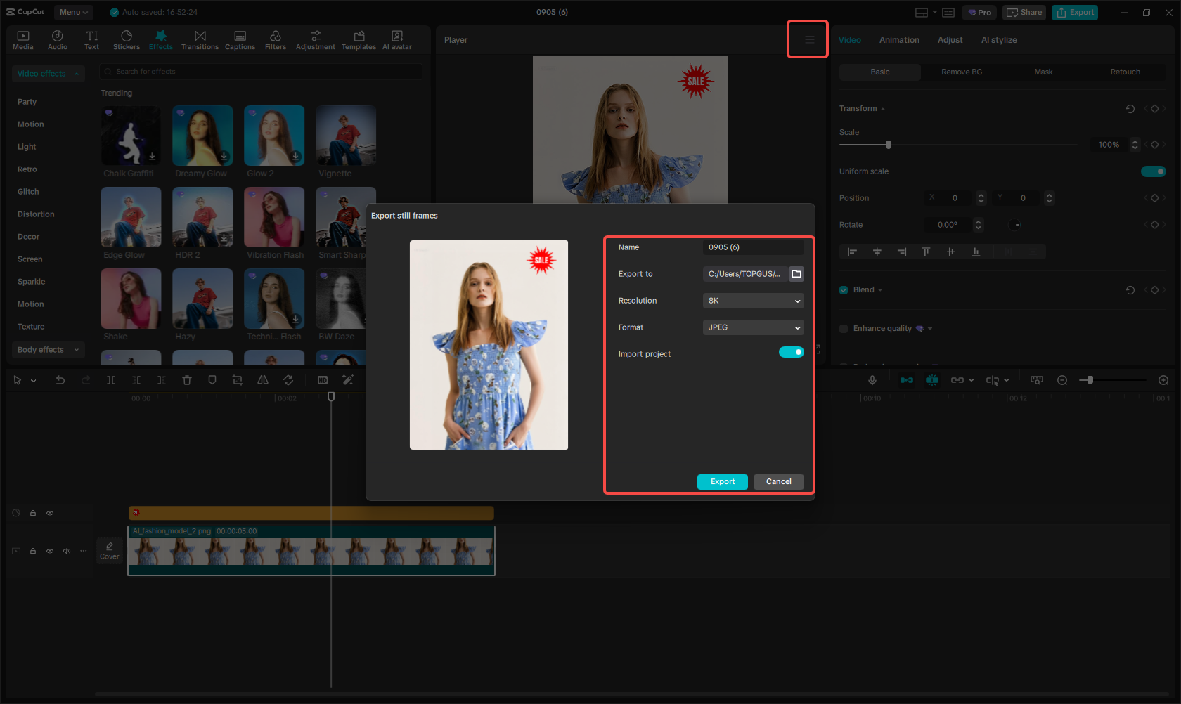 Esporta l'immagine in alta qualità