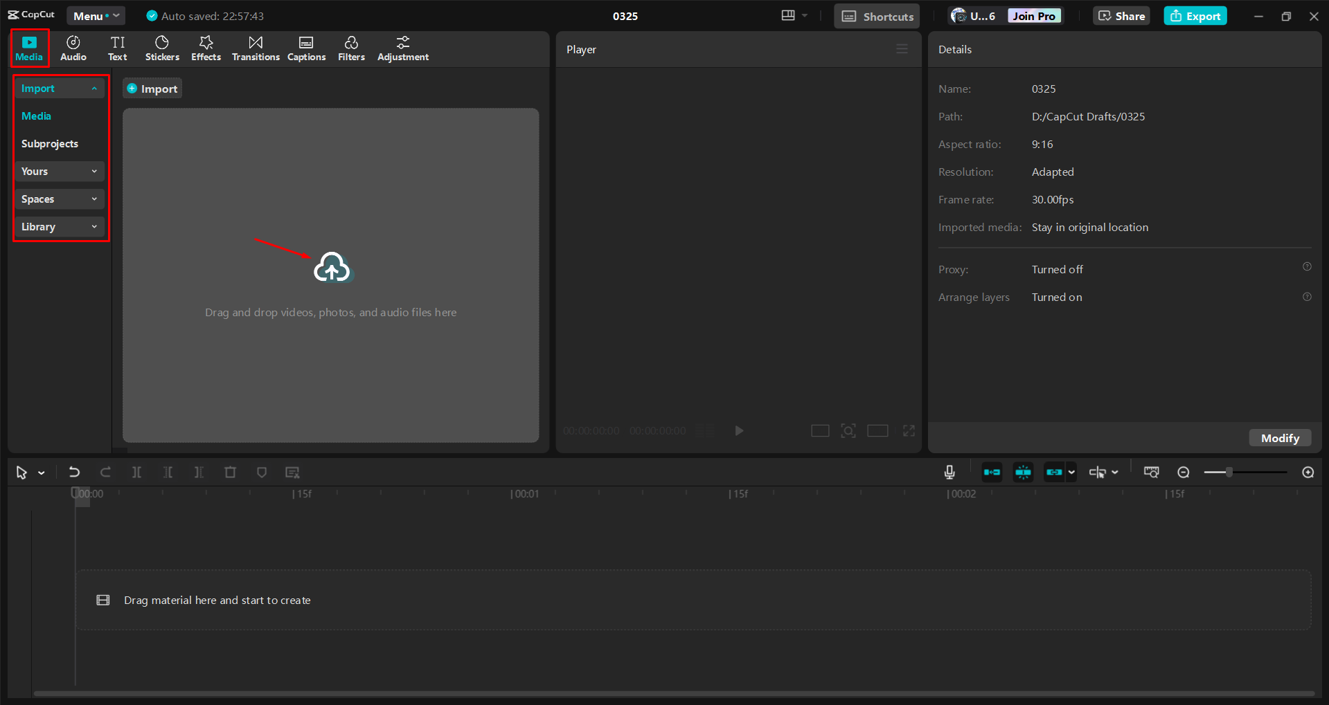 CapCut Media tab with an empty import area highlighted above the blank project timeline