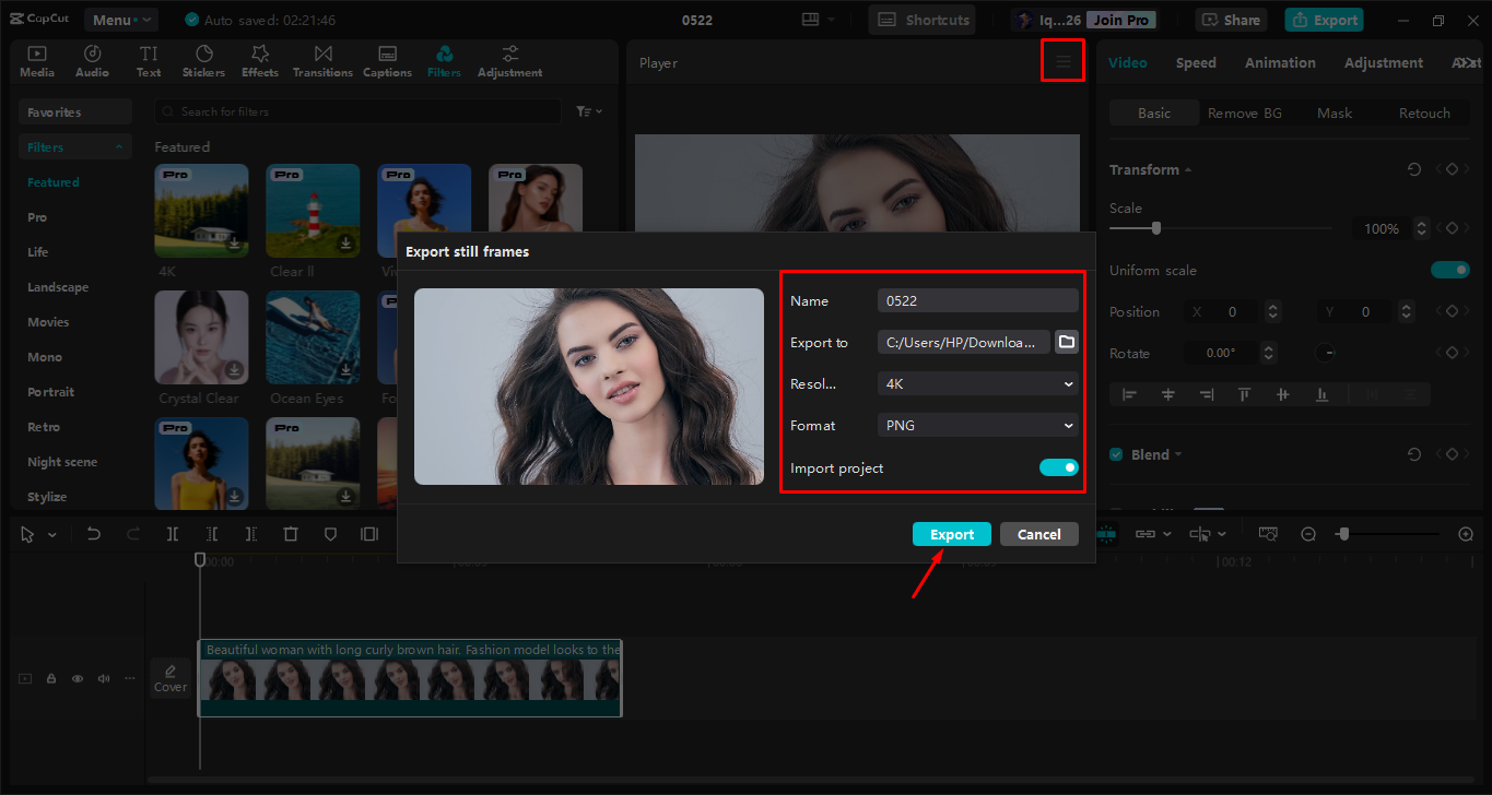 Exportieren des endgültigen Bildes aus dem CapCut Desktop-Video-Editor