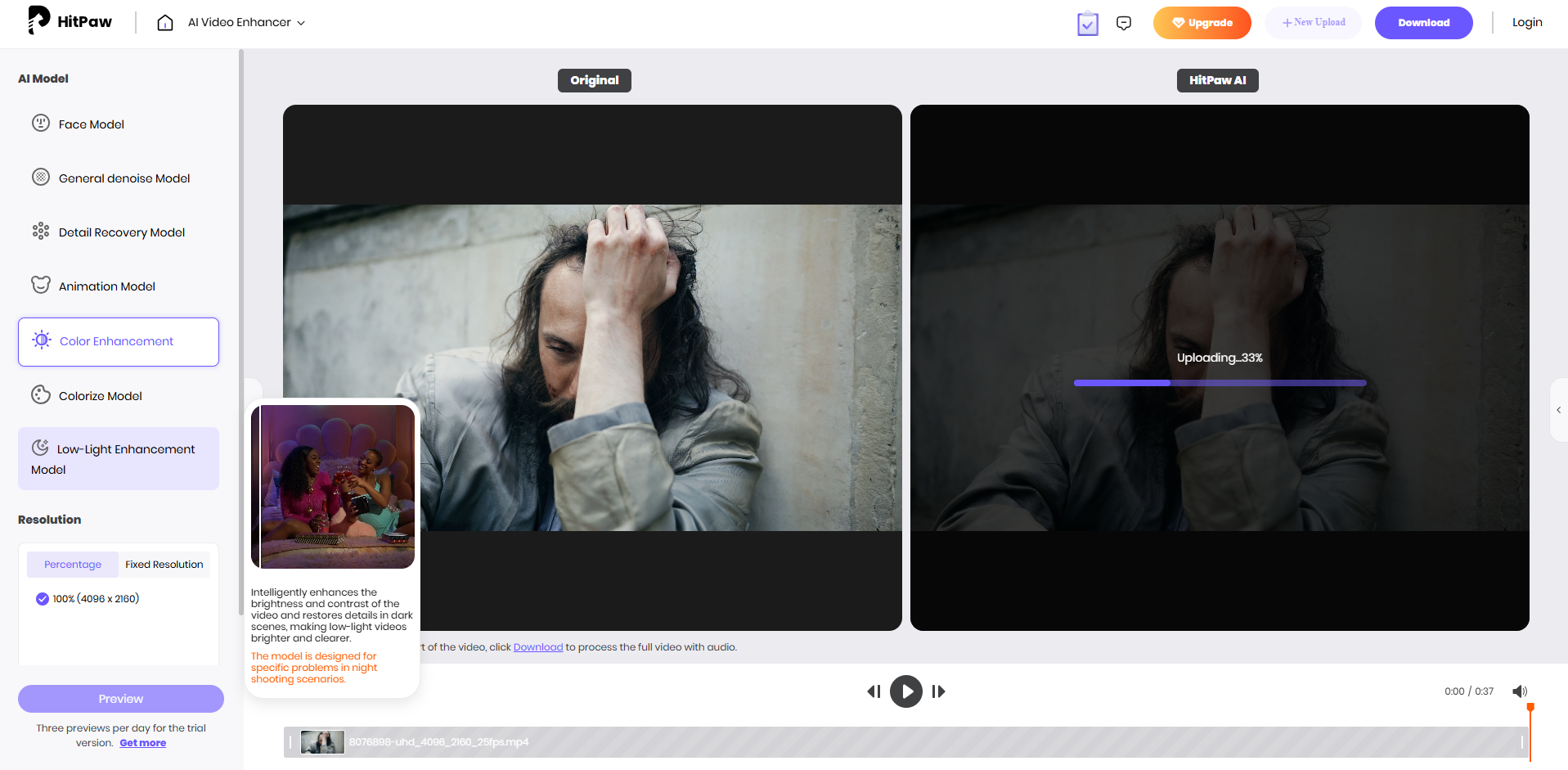 Interface of HitPaw video enhancer - an online tool to upscale videos to 4K