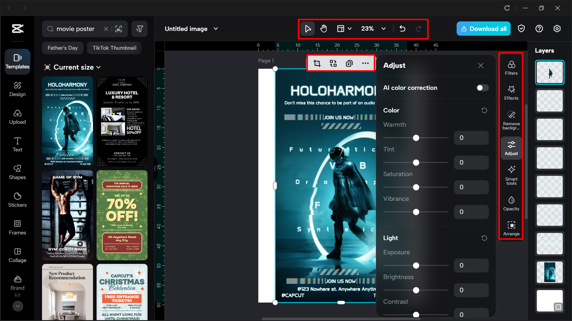Editing the poster template using tools in the CapCut desktop video editor