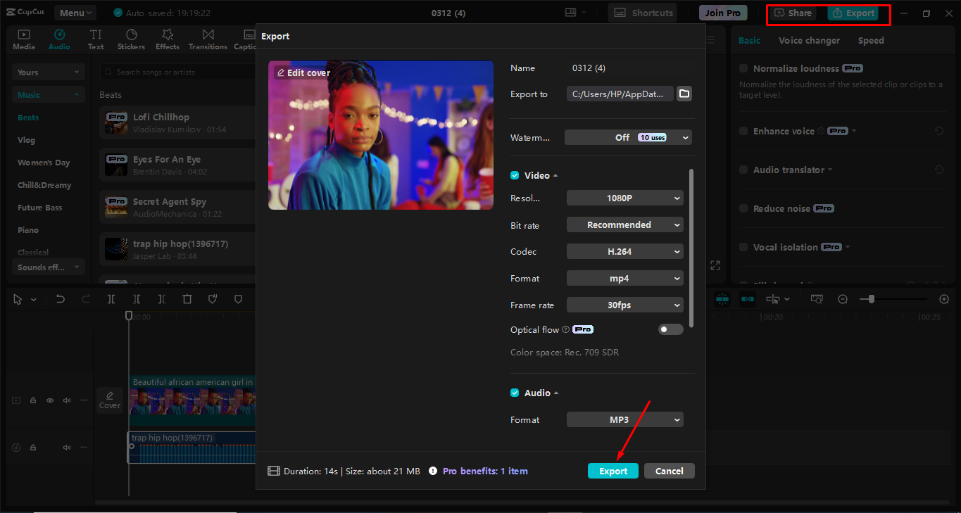Exporting video from the CapCut desktop video editor
