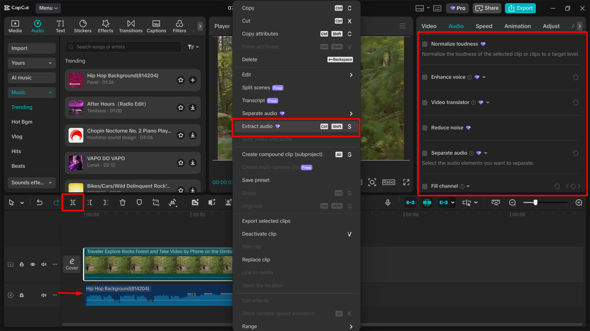 Trimming the audio in the CapCut desktop video editor