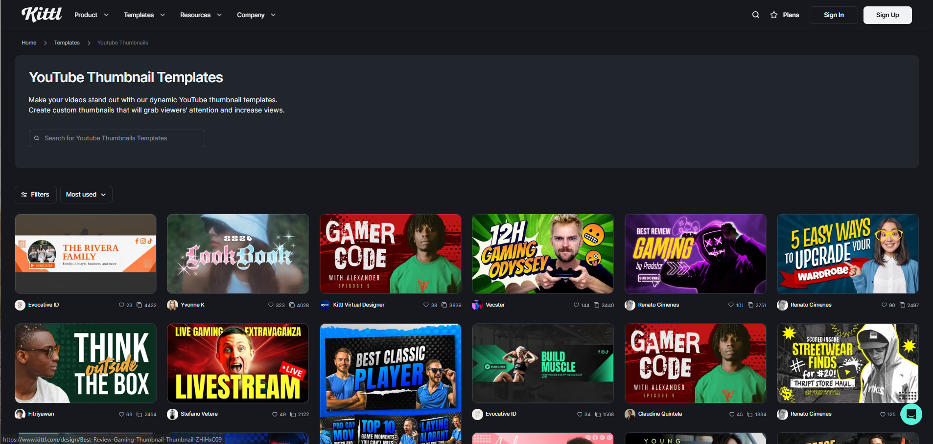 Interface of Kittl - another place to find diverse thumbnail templates