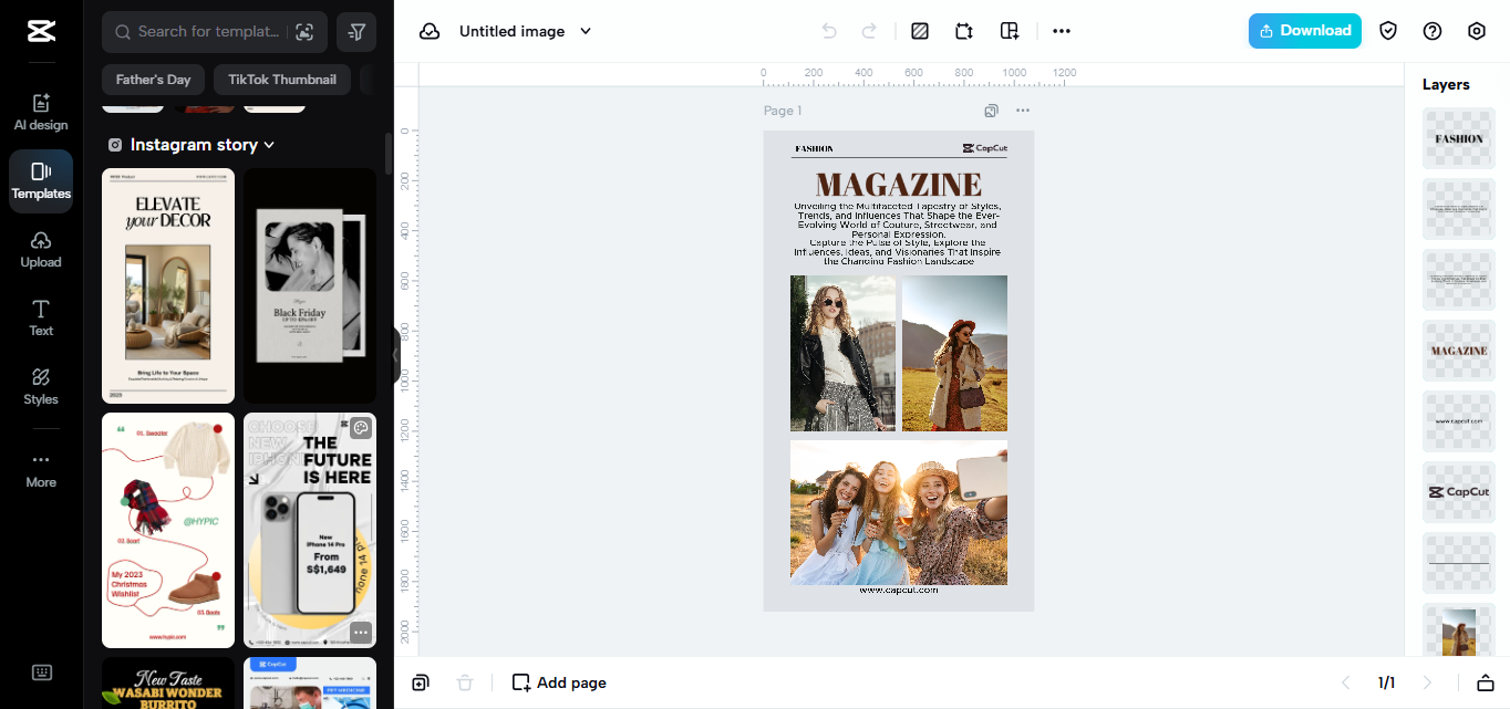 Editing interface of the CapCut web - the best tool to make magazine ads