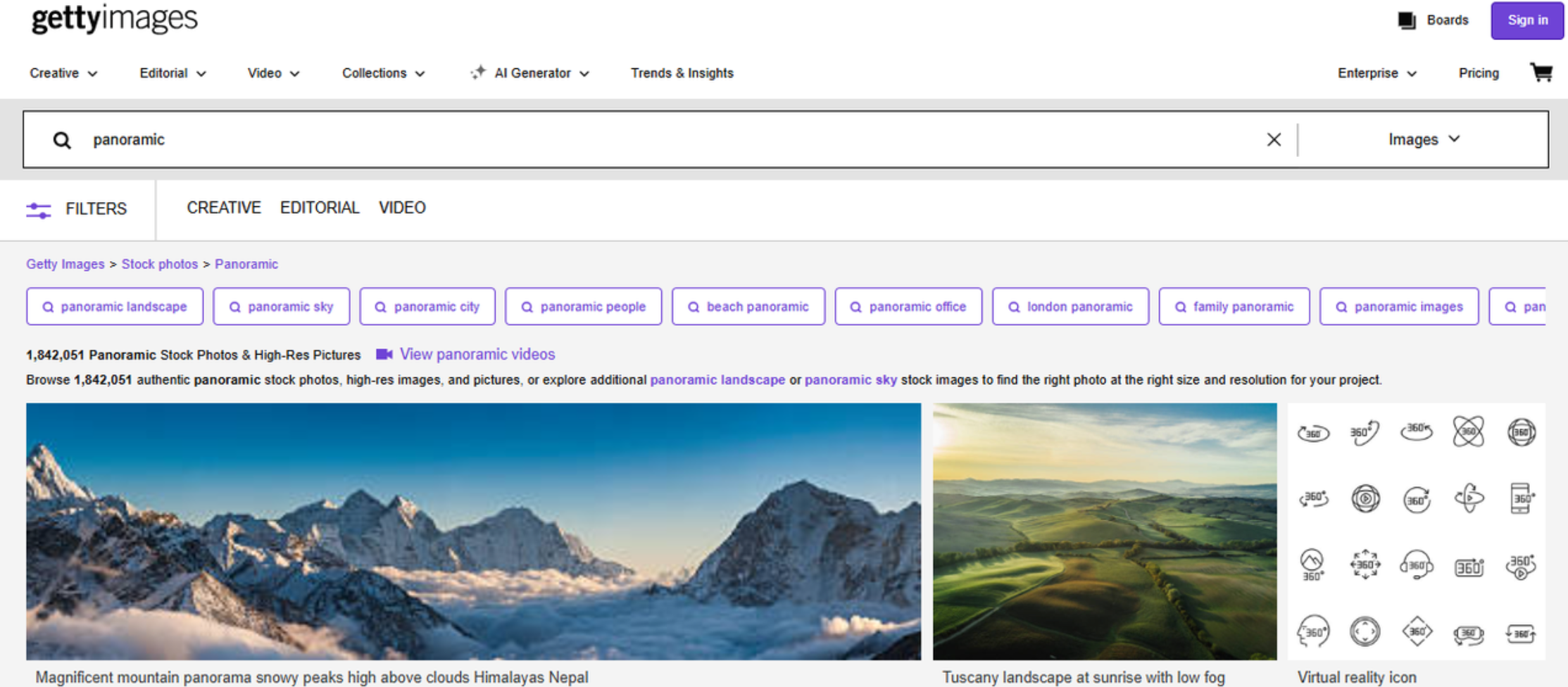 Interface von Getty - einer renommierten Plattform zur Ermittlung der Panoramabildgröße