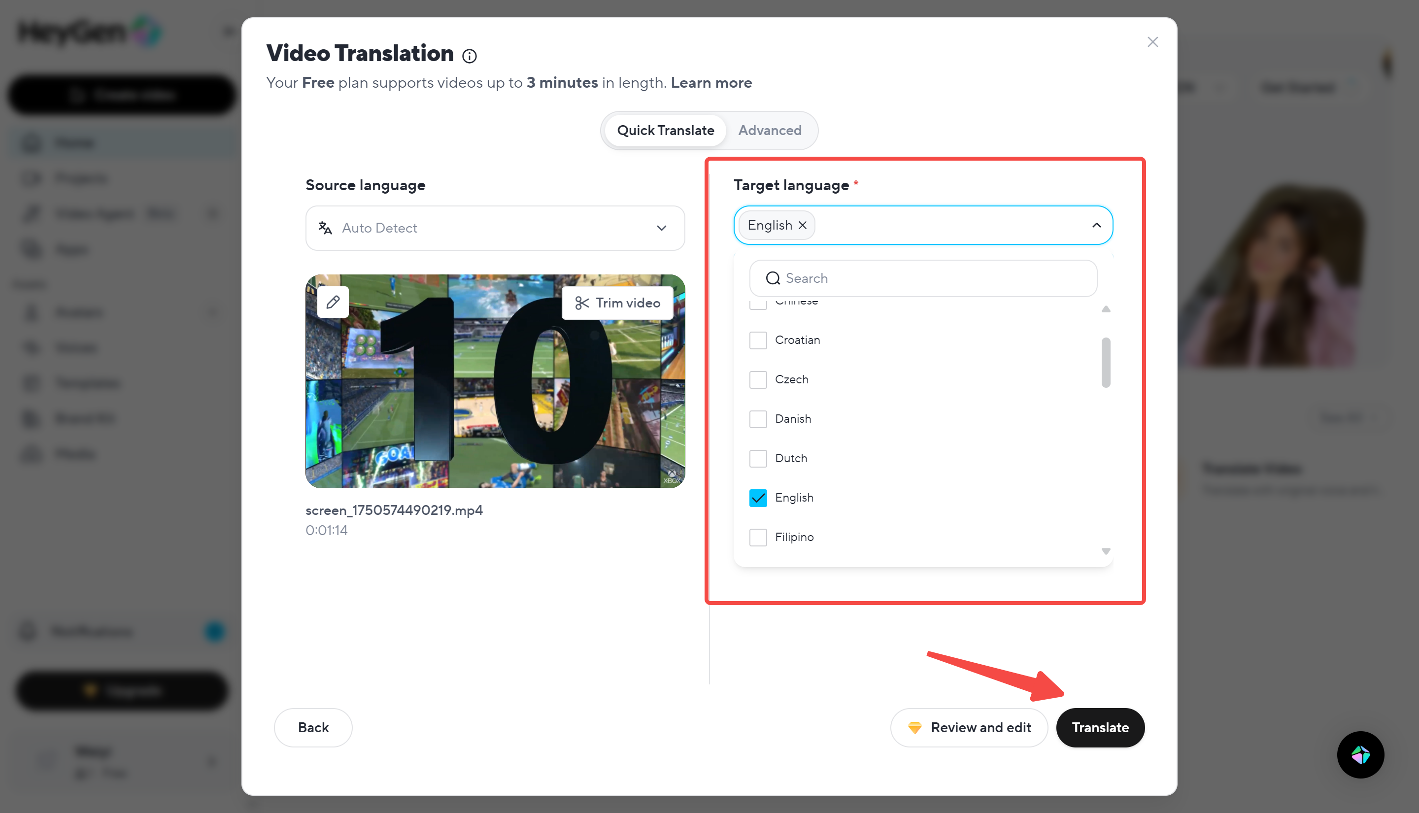 Language selection interface in video translate HeyGen showing multilingual options