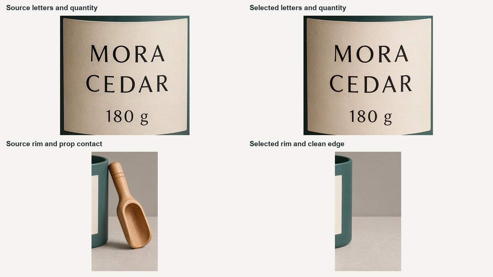 Four source and selected-image crops compare the three label lines and the jar edge beside the removed scoop.