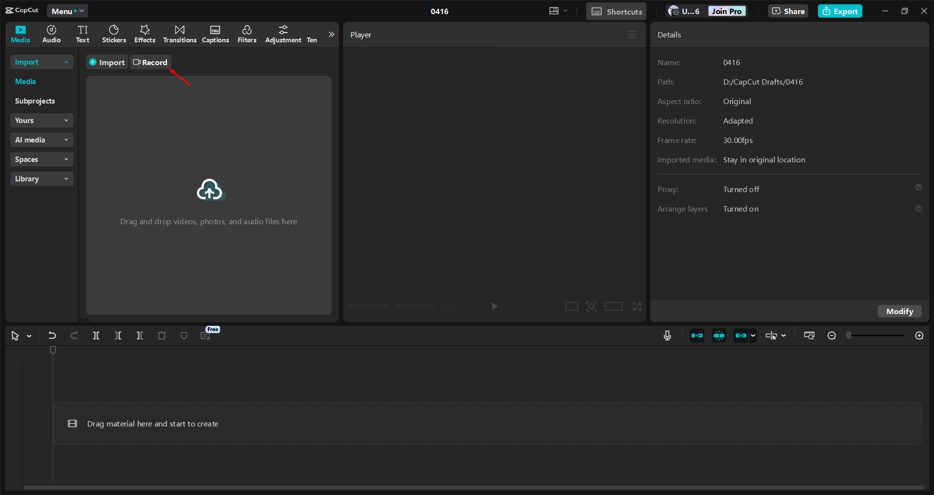 Utilizzo del registratore dello schermo nell' CapCut editor video desktop