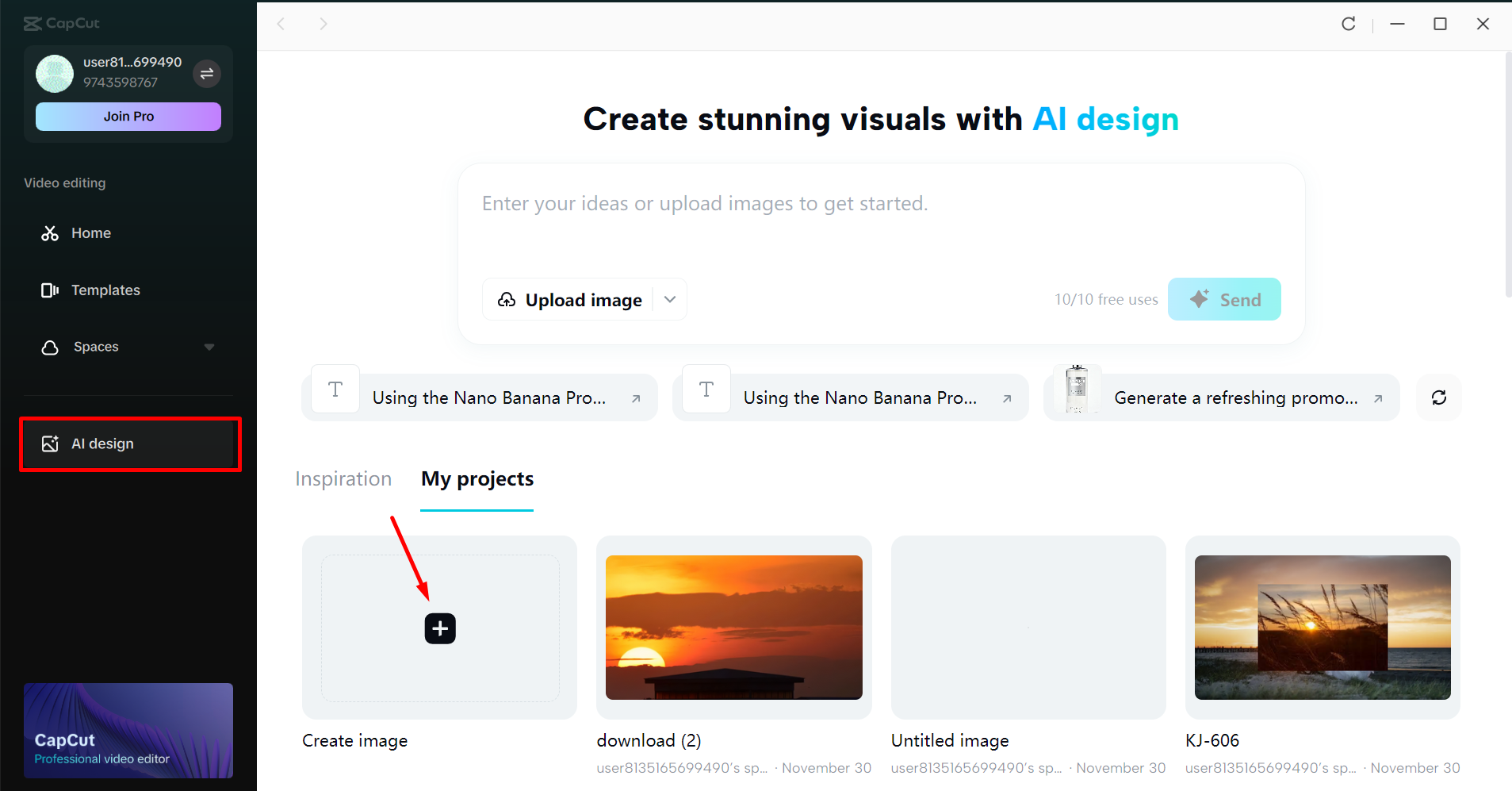 Accessing AI design tool in the CapCut desktop video editor
