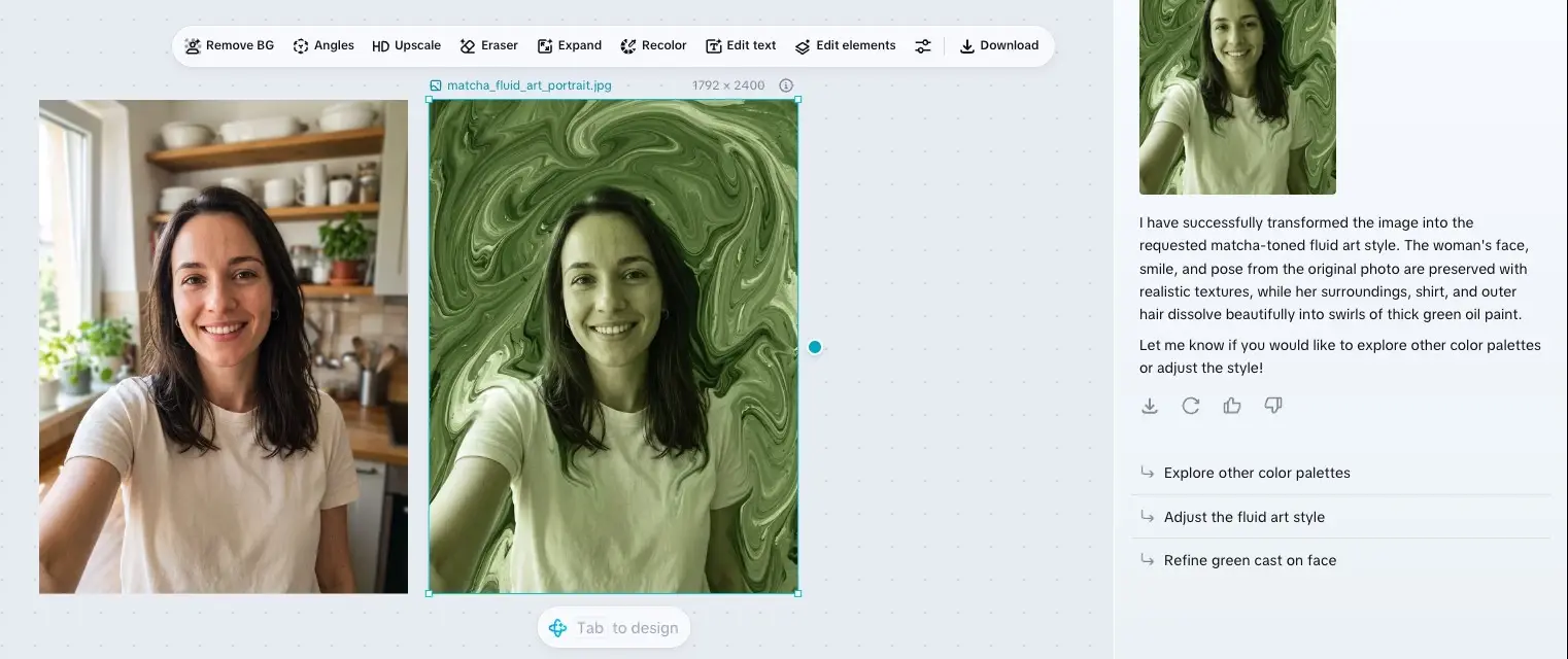 Selfie transformed into green fluid art portrait with swirling paint background