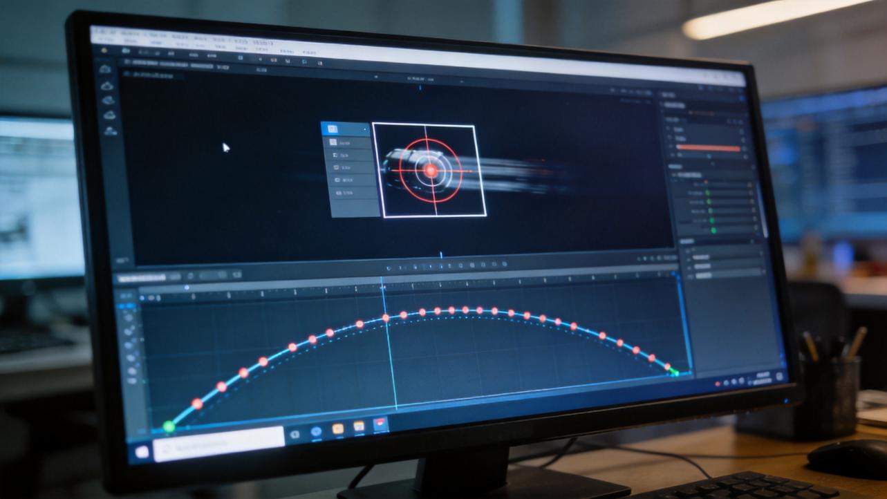 Video editor interface showing motion tracking target and keyframe path on a monitor
