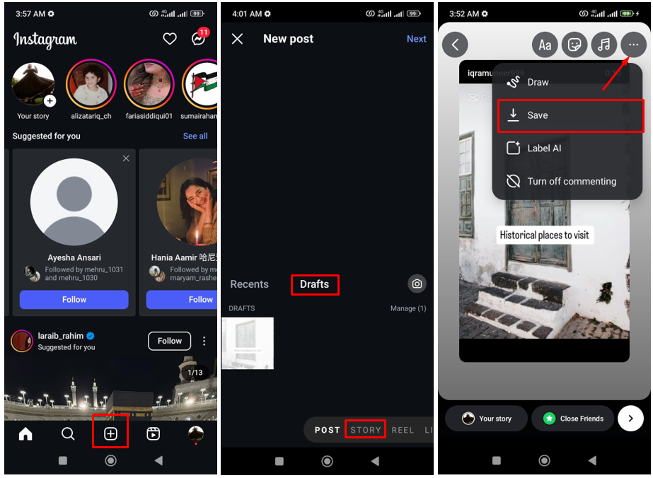 Image showing how to save video from Instagram draft via stories