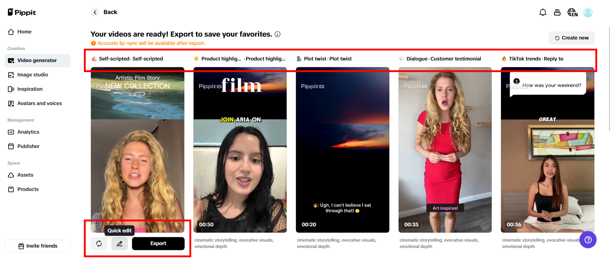 Selecione seu vídeo gerado preferido