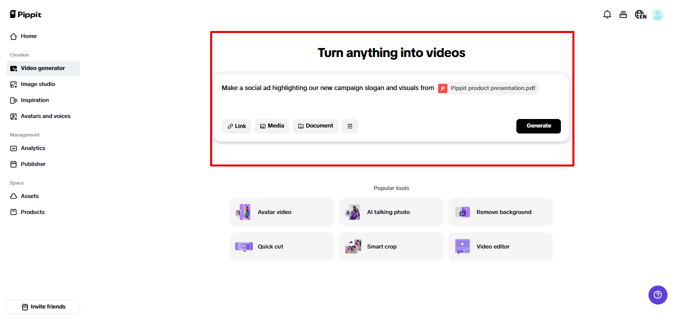 Trình tạo văn bản thành video Pippit