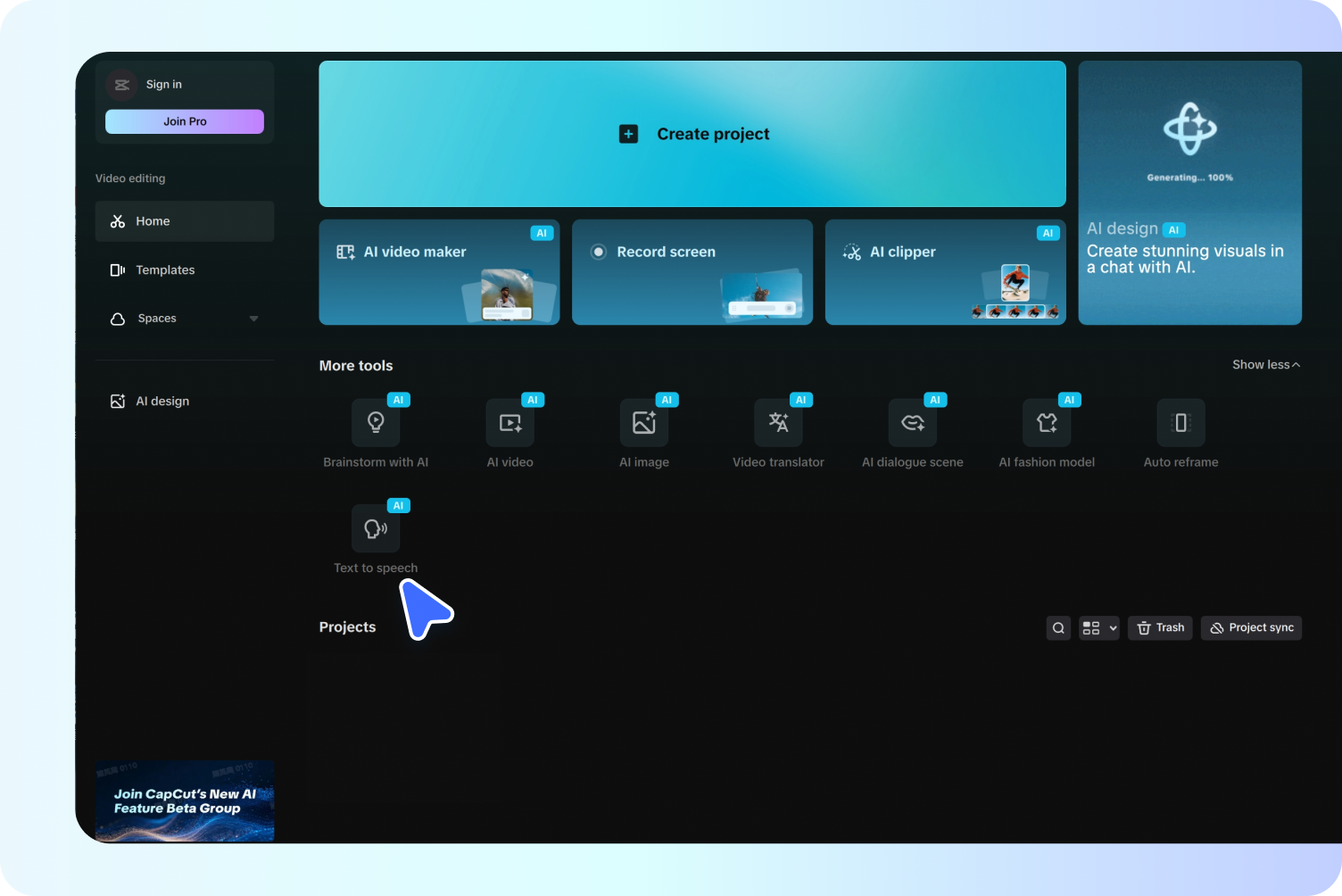 Accessing the "Text to speech" tool in CapCut 