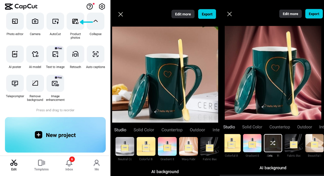 CapCutอินเทอร์เฟซตัวเพิ่มภาพ AI แสดงตัวอย่างการขยาย 2x บนภาพผลิตภัณฑ์