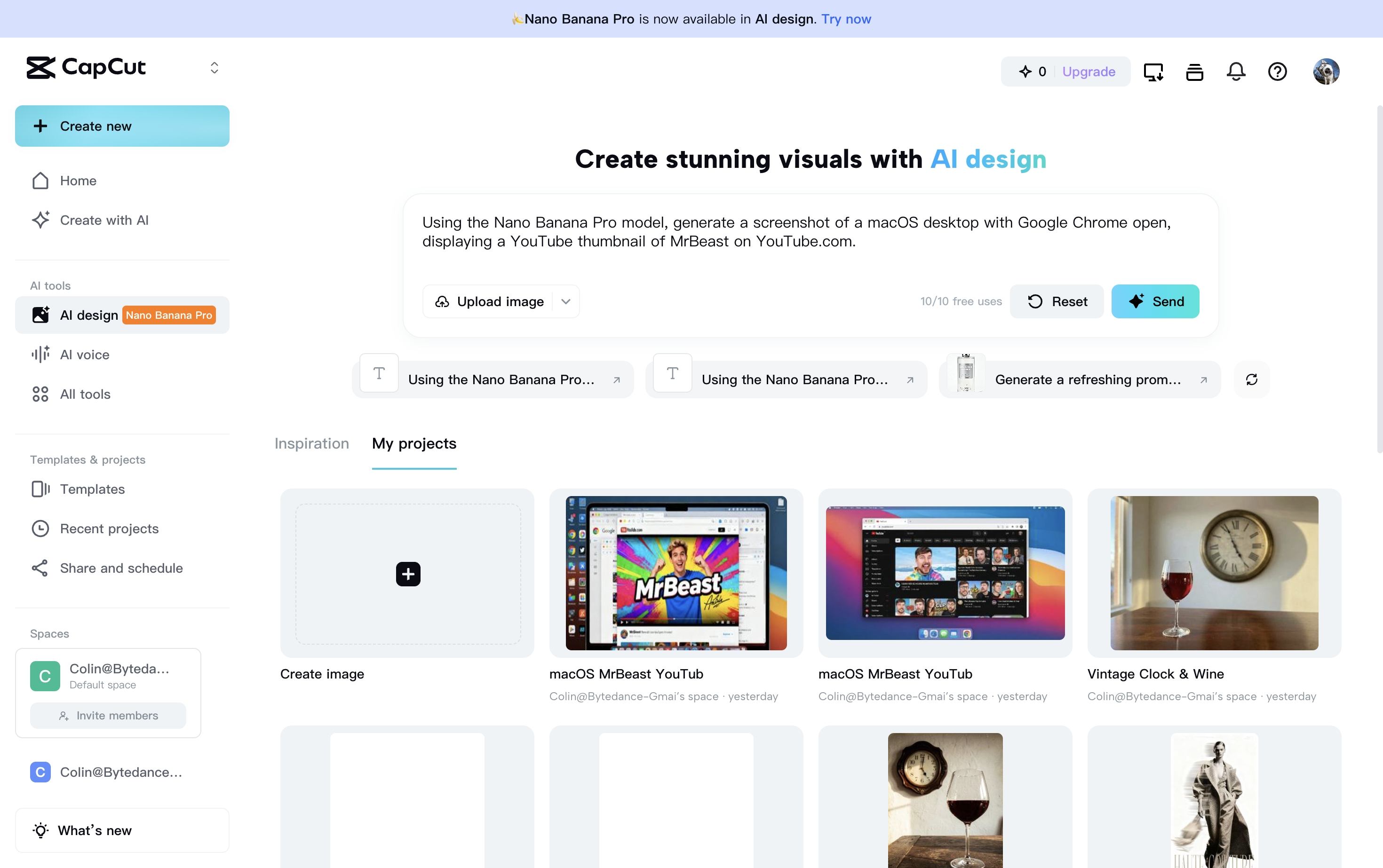 CapCut Web Nano Banana Pro entry for AI image and video generation