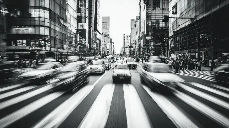City street with blurred cars and pedestrians