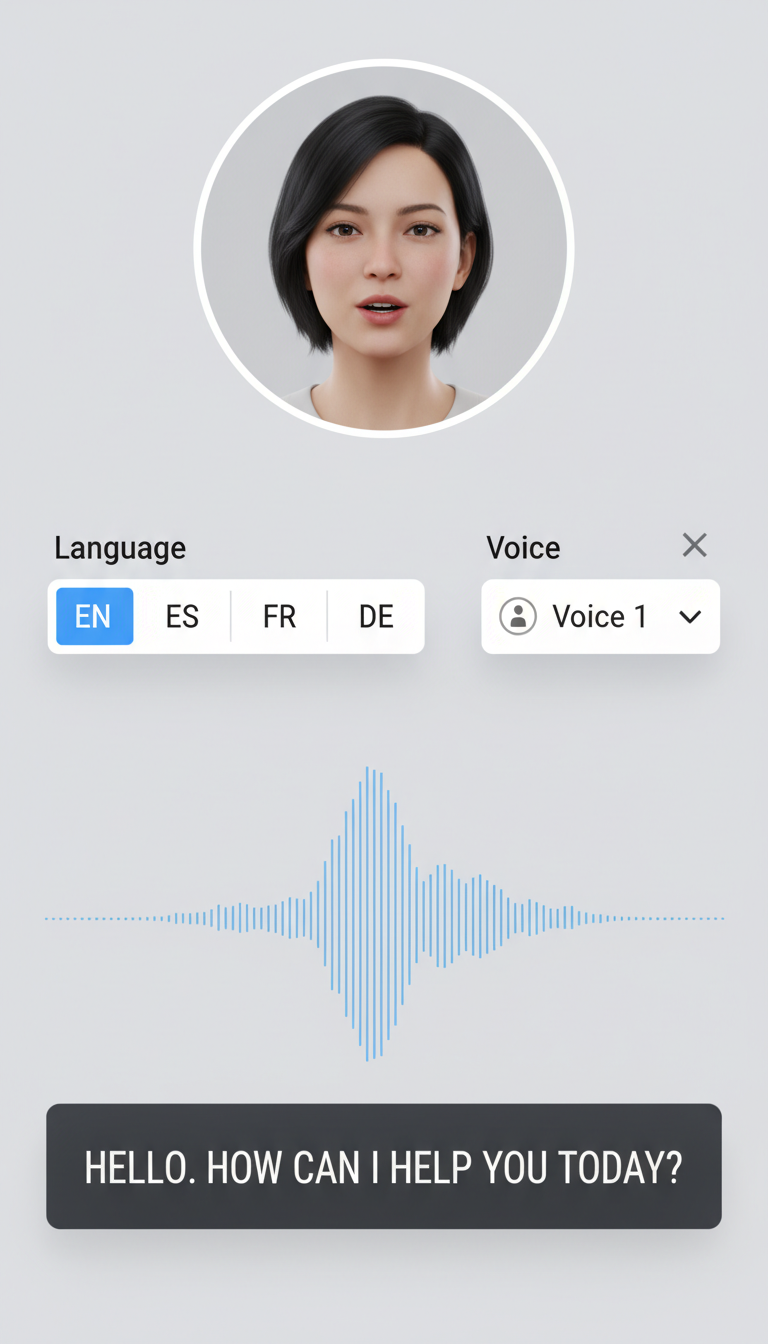Multilingual voice and scripts UI with AI avatar preview, language dropdown, voice selection, waveform visualization, and subtitles, vertical 9:16.