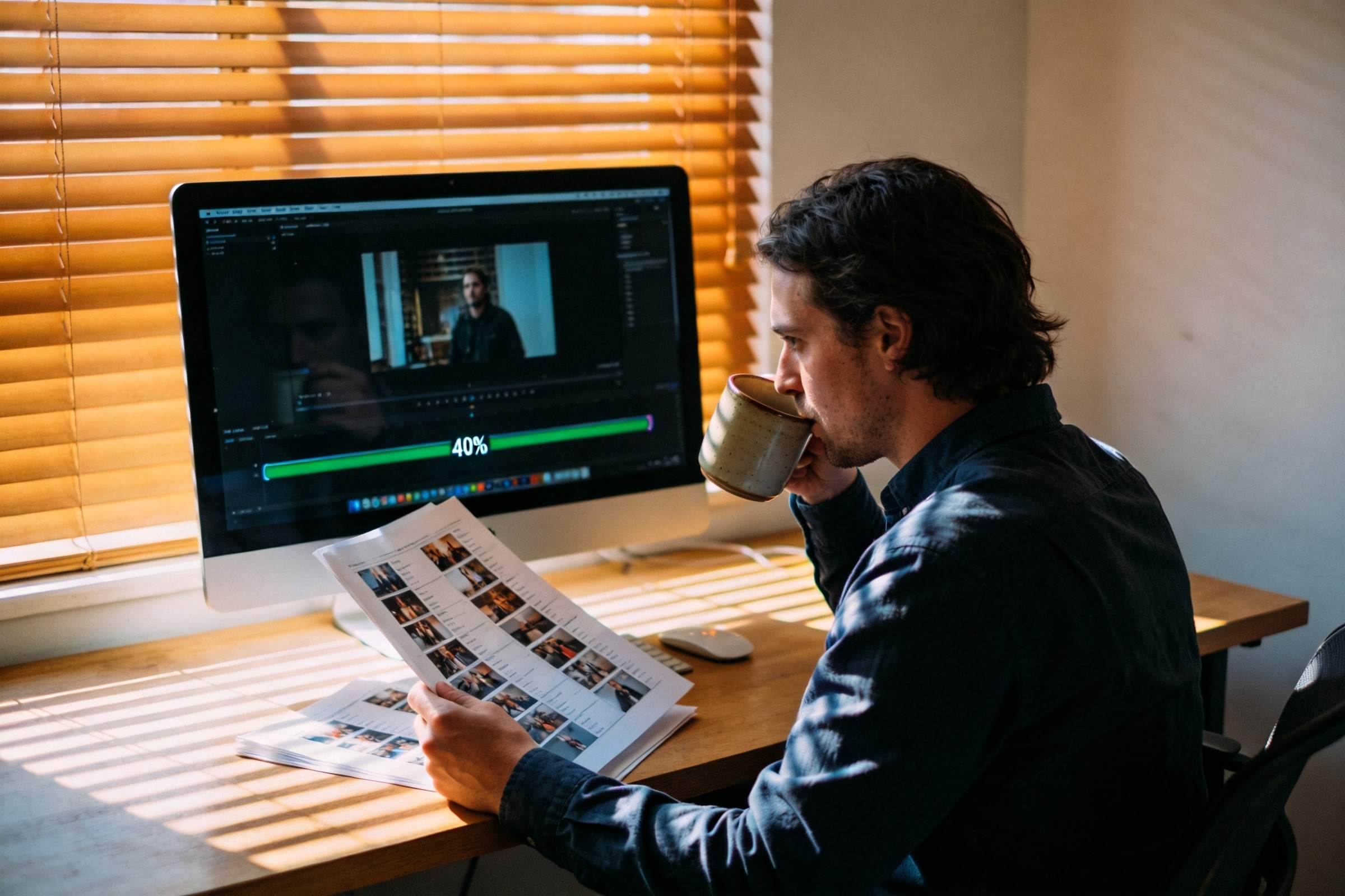 Man reviewing video edits on a desktop monitor with a 40% progress bar
