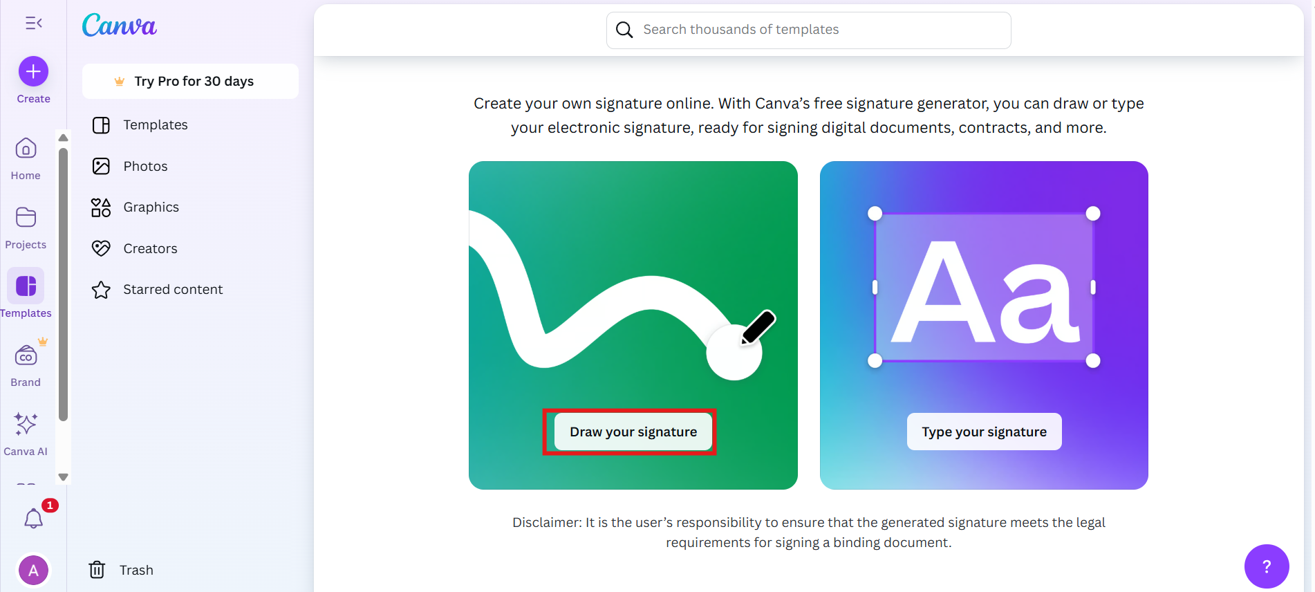 Access Canva's signature generator