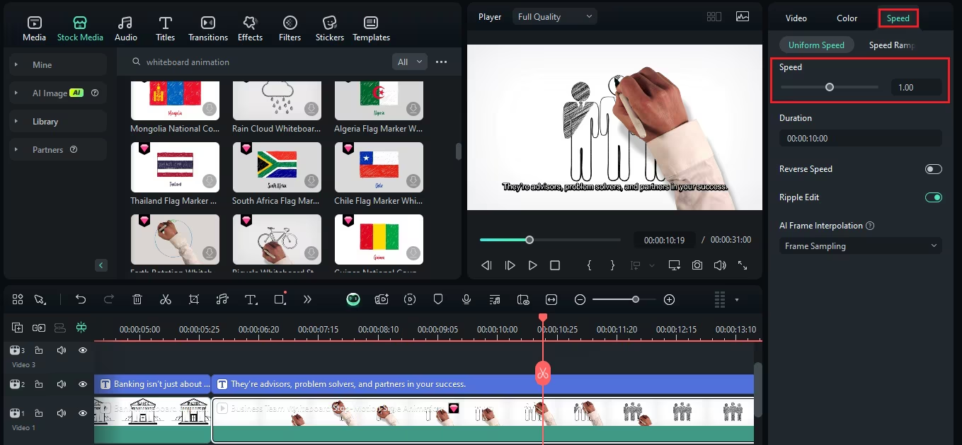 Interface of Filmora - a quick way to make free whiteboard animations