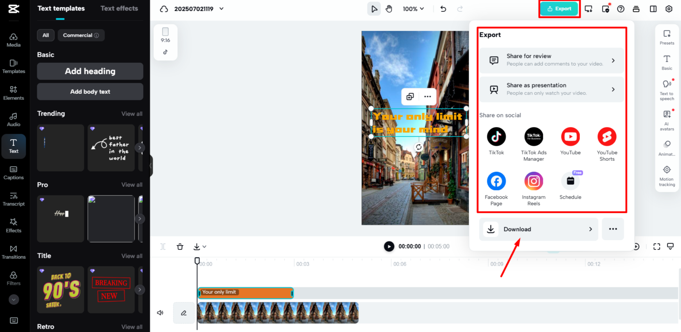 ייצוא הסרטון הסופי מ-CapCut Web