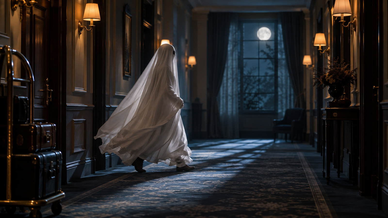 Ghost corridor keyframe: Cinematic still keyframe of white-sheet ghost crossing a moonlit hotel corridor, obvious left-to-right motion path
