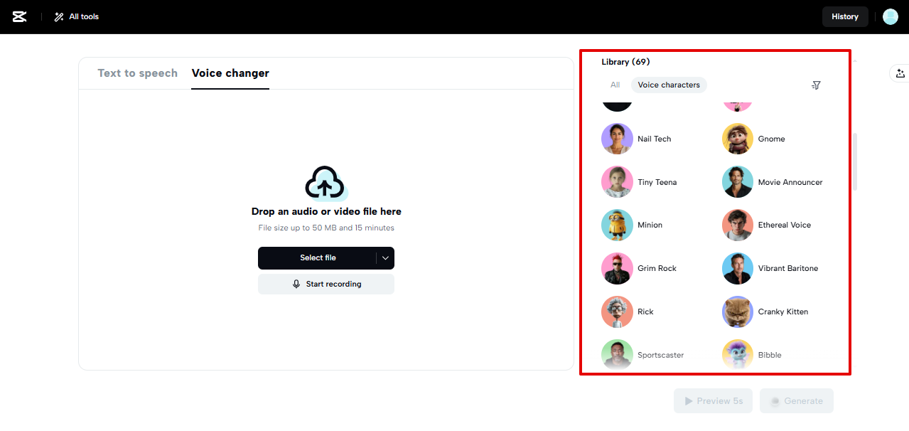 CapCut Web voice characters library