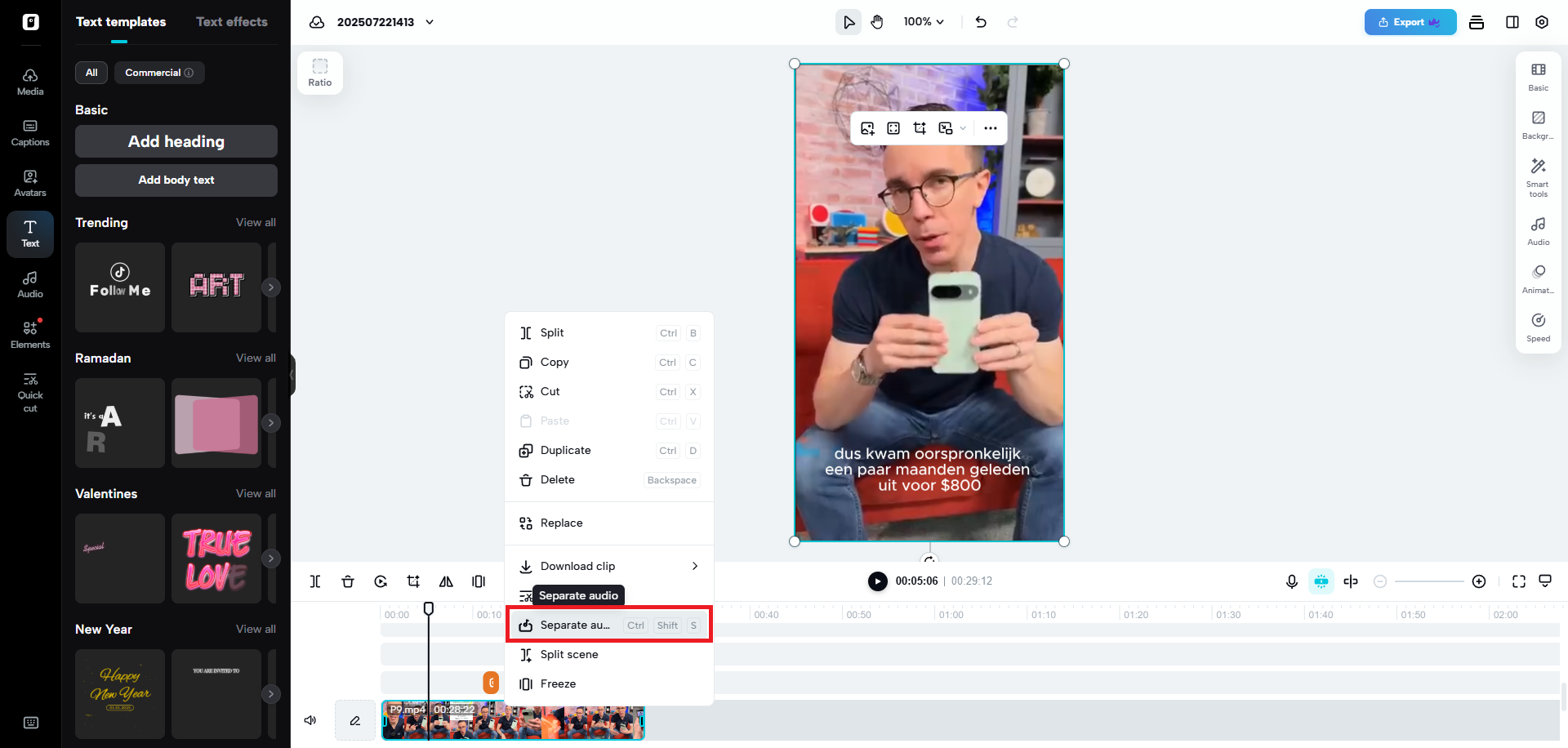 Separa el clip de audio anterior y elimina el original.