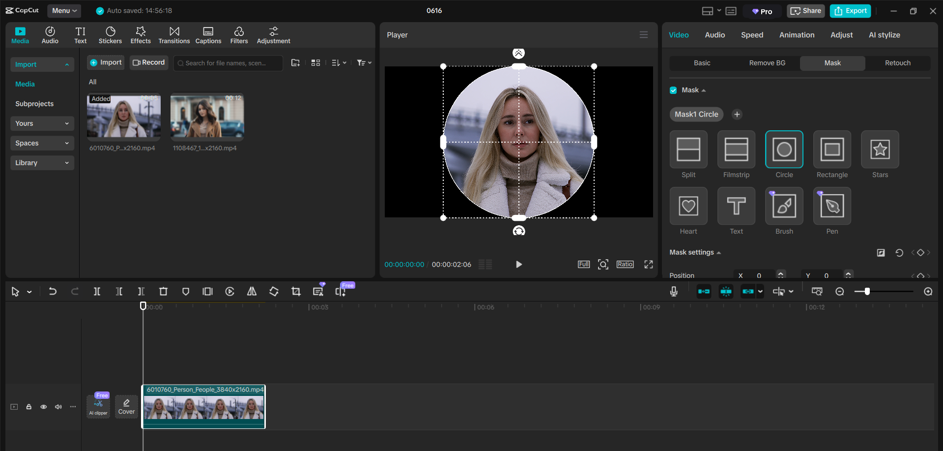 Interface of the CapCut desktop video editor cropping the picture to circle profile