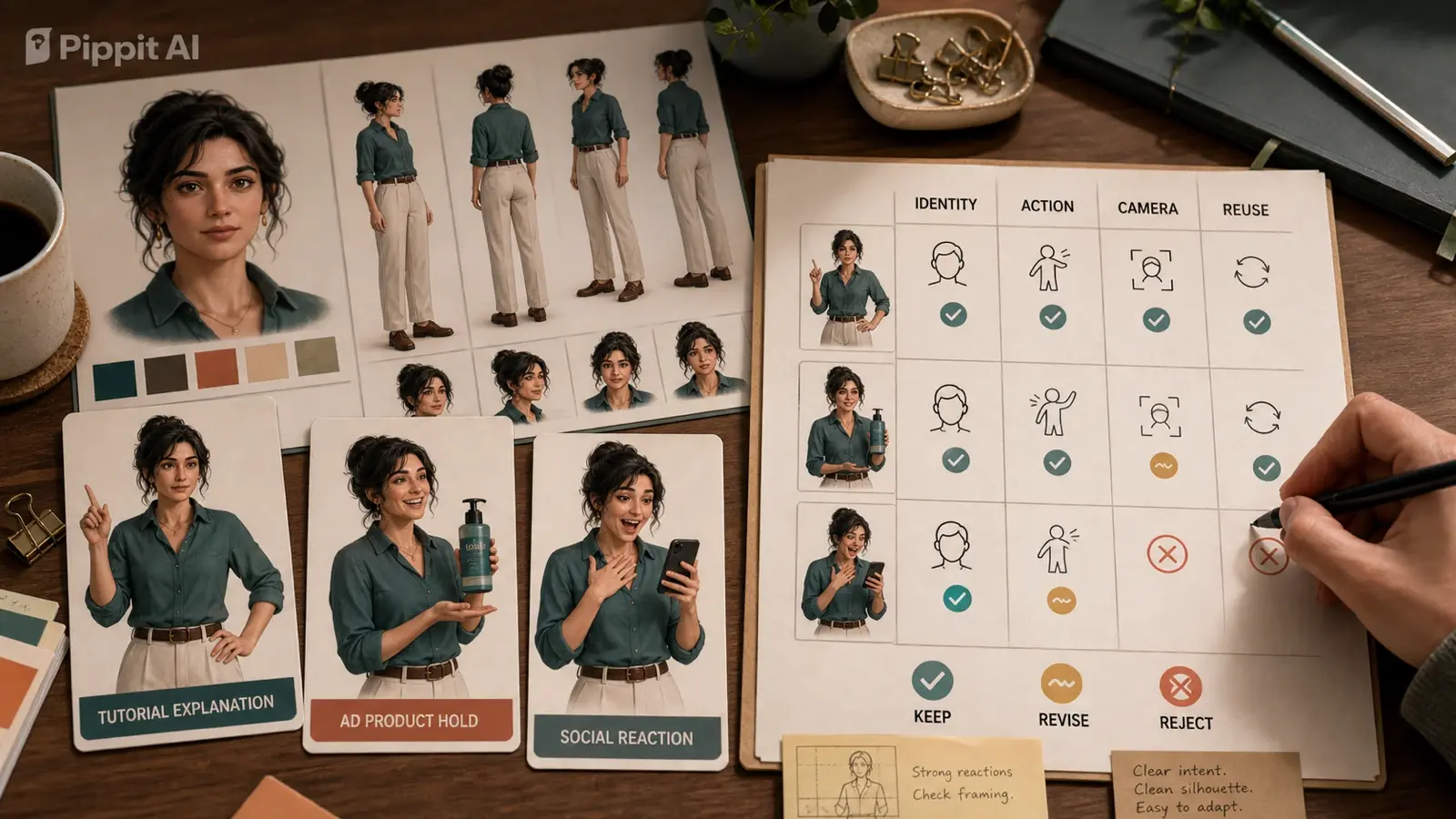 Desk with AI pose cards and a pose planning grid marked keep, revise, and reject