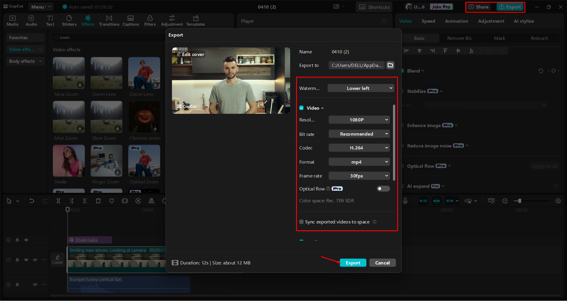 Exportar um vídeo do editor de vídeo para desktop CapCut