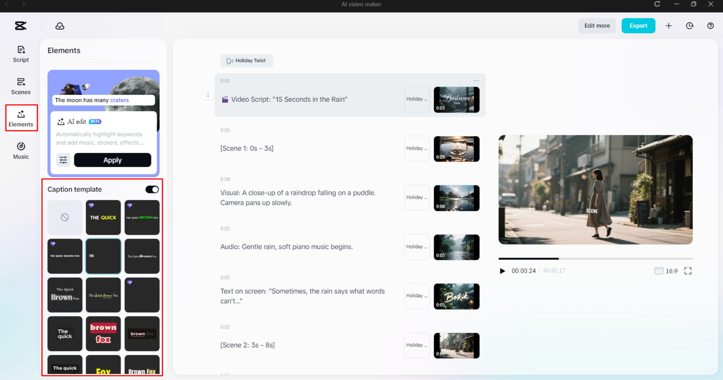 Adding caption template to the video with CapCut