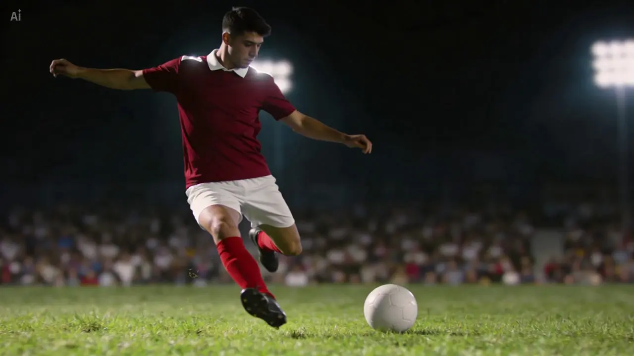 Soccer player in red jersey kicking a ball on a lit stadium field at night