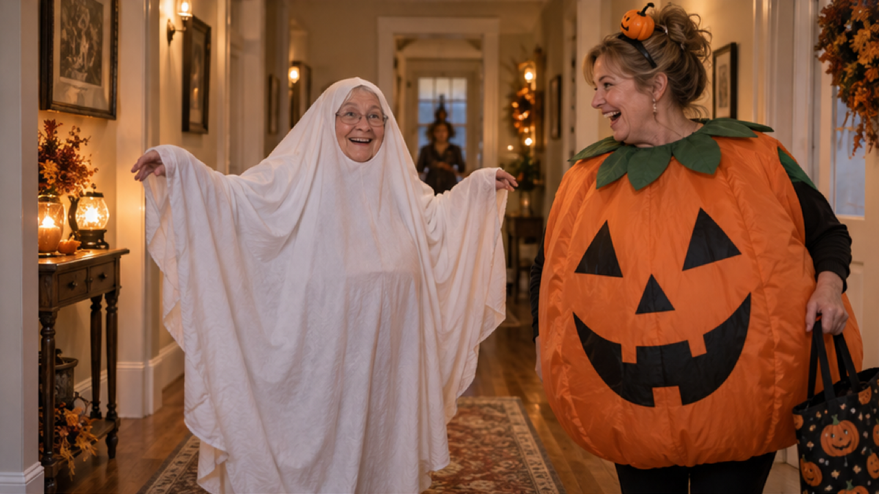 A smiling fictional elderly woman dressed as a tiny sheet ghost with her face visible, adult friend in a pumpkin costume, cheerful home hallway
