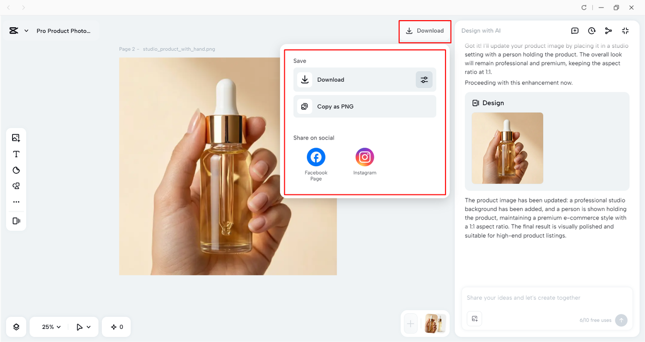 Downloading the image from the CapCut desktop video editor 