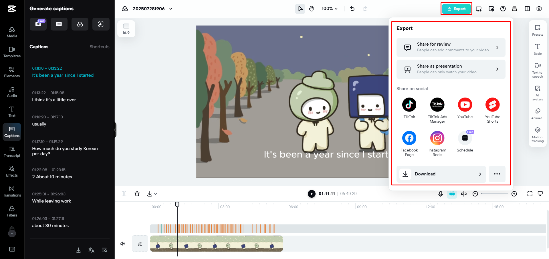 CapCut Web'den bir video dışa aktarma