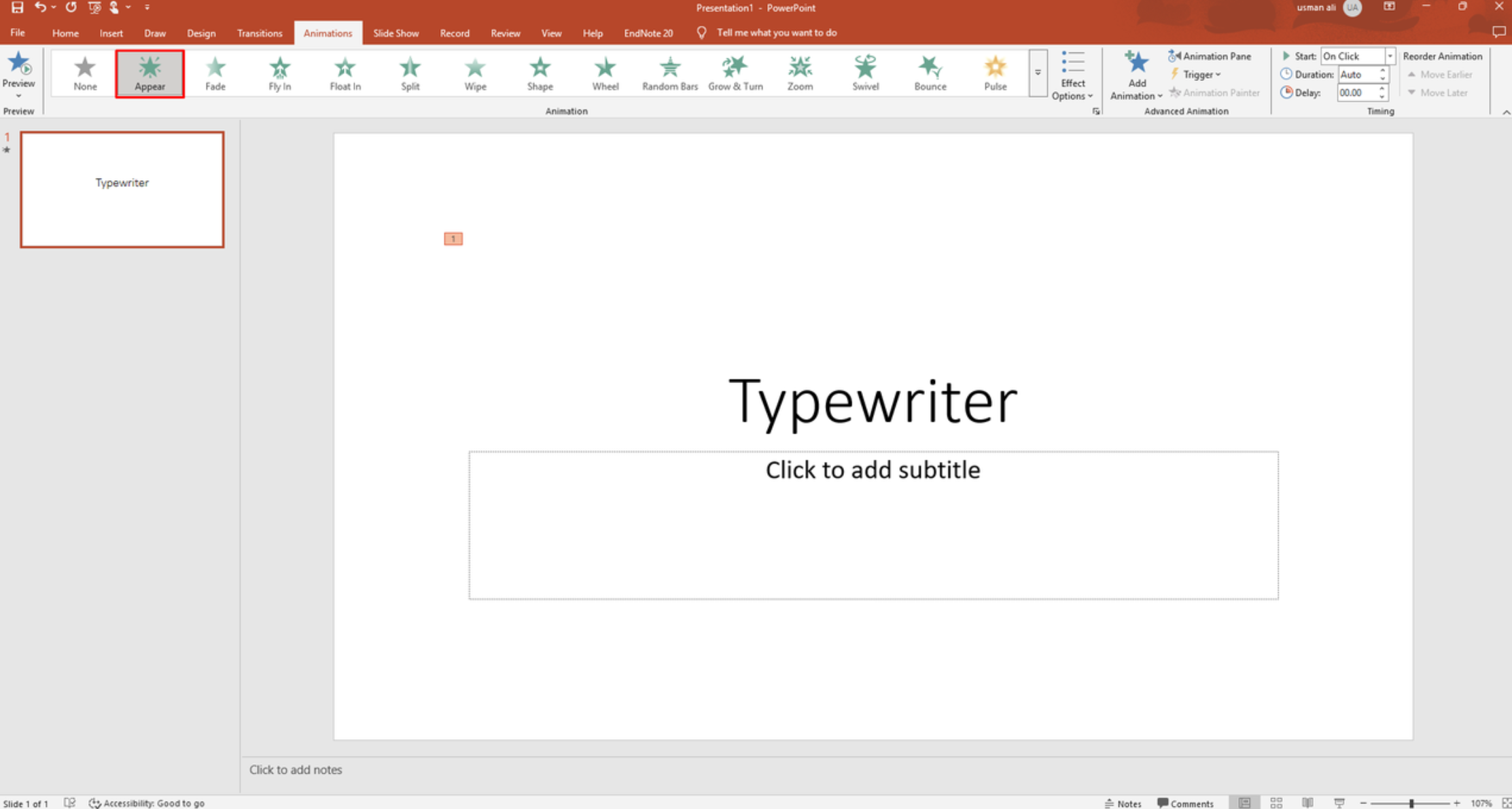 Clicking on appear for the PowerPoint typewriter animation