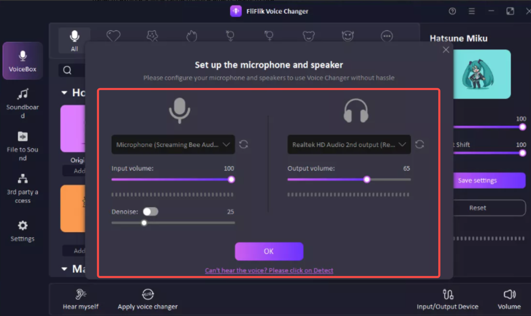 Setting input and output devices in the FliFlik voice changer