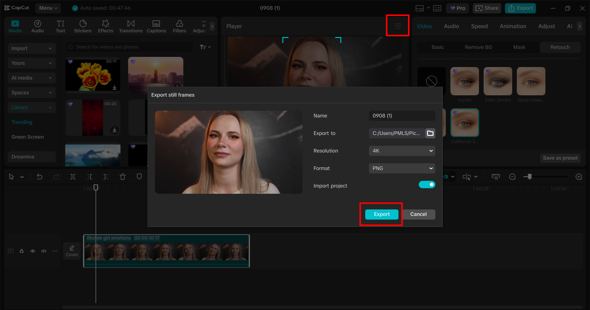 Export obrázku z editoru videa CapCut