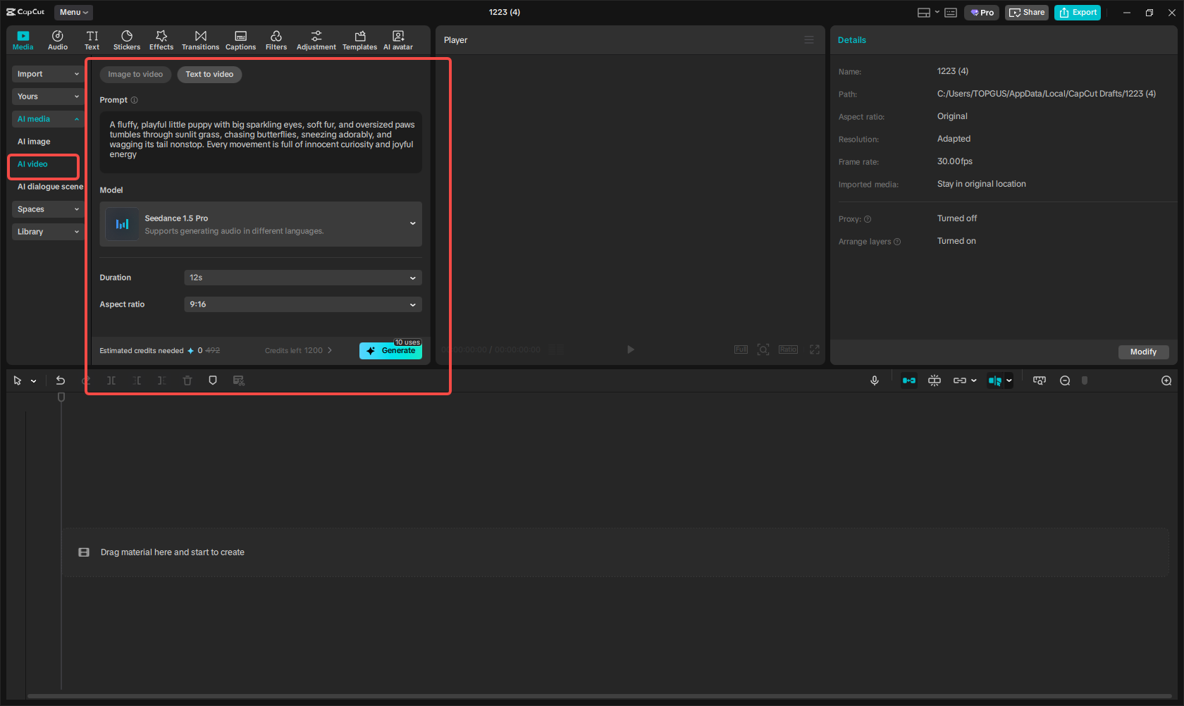 Generating the video in CapCut