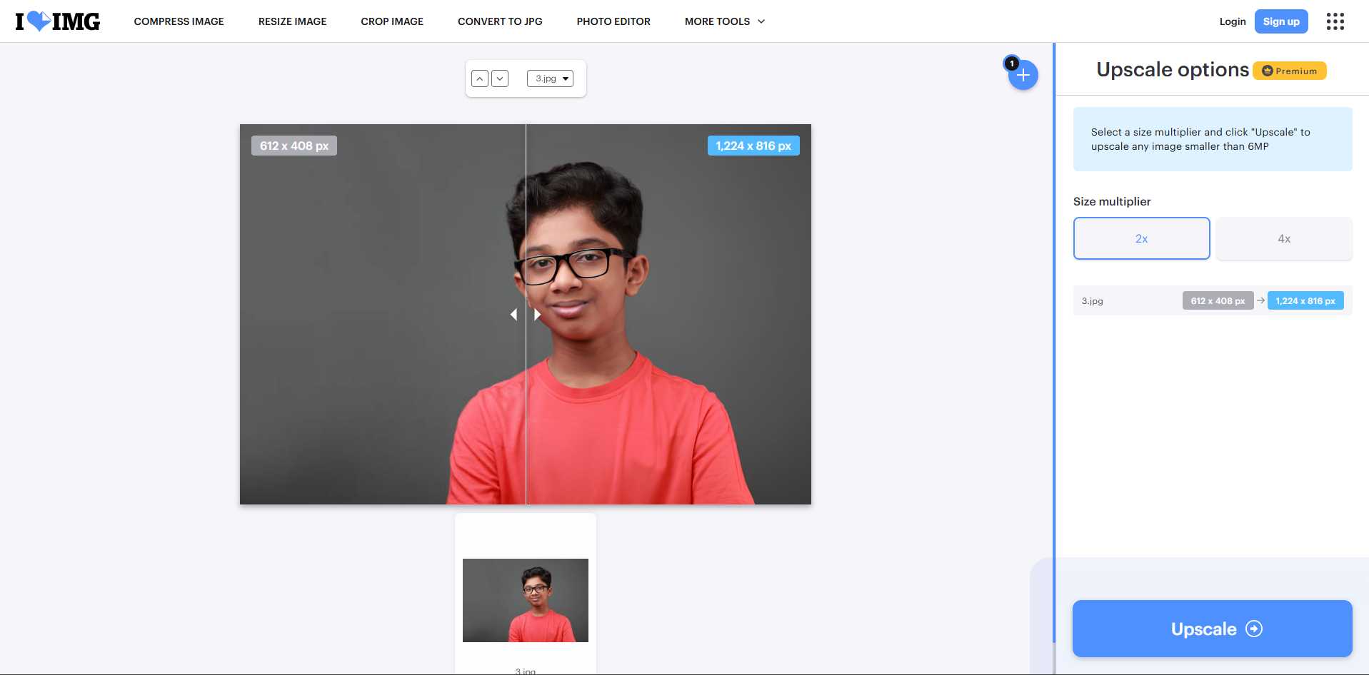 Interface of iLoveIMG - a tool for free AI image upscaling
