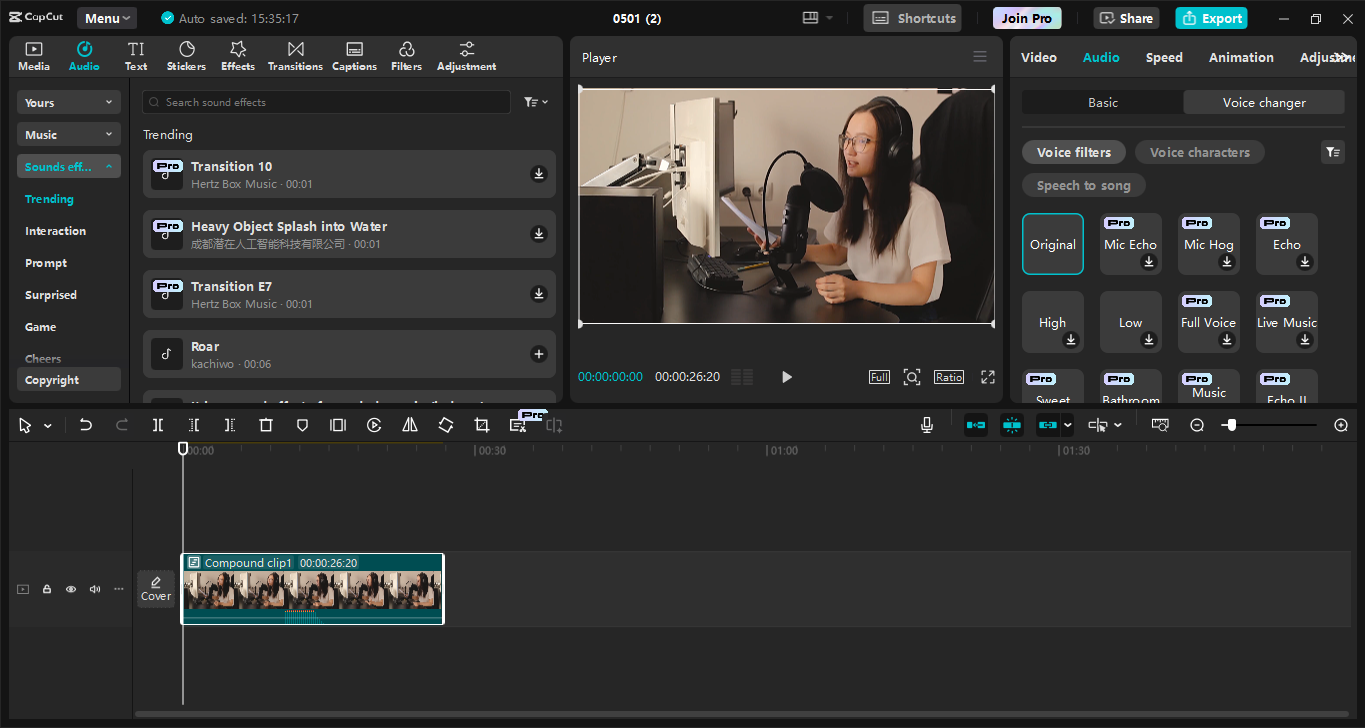 Antara muka CapCut editor video desktop - Alat penyuntingan podcast AI terbaik