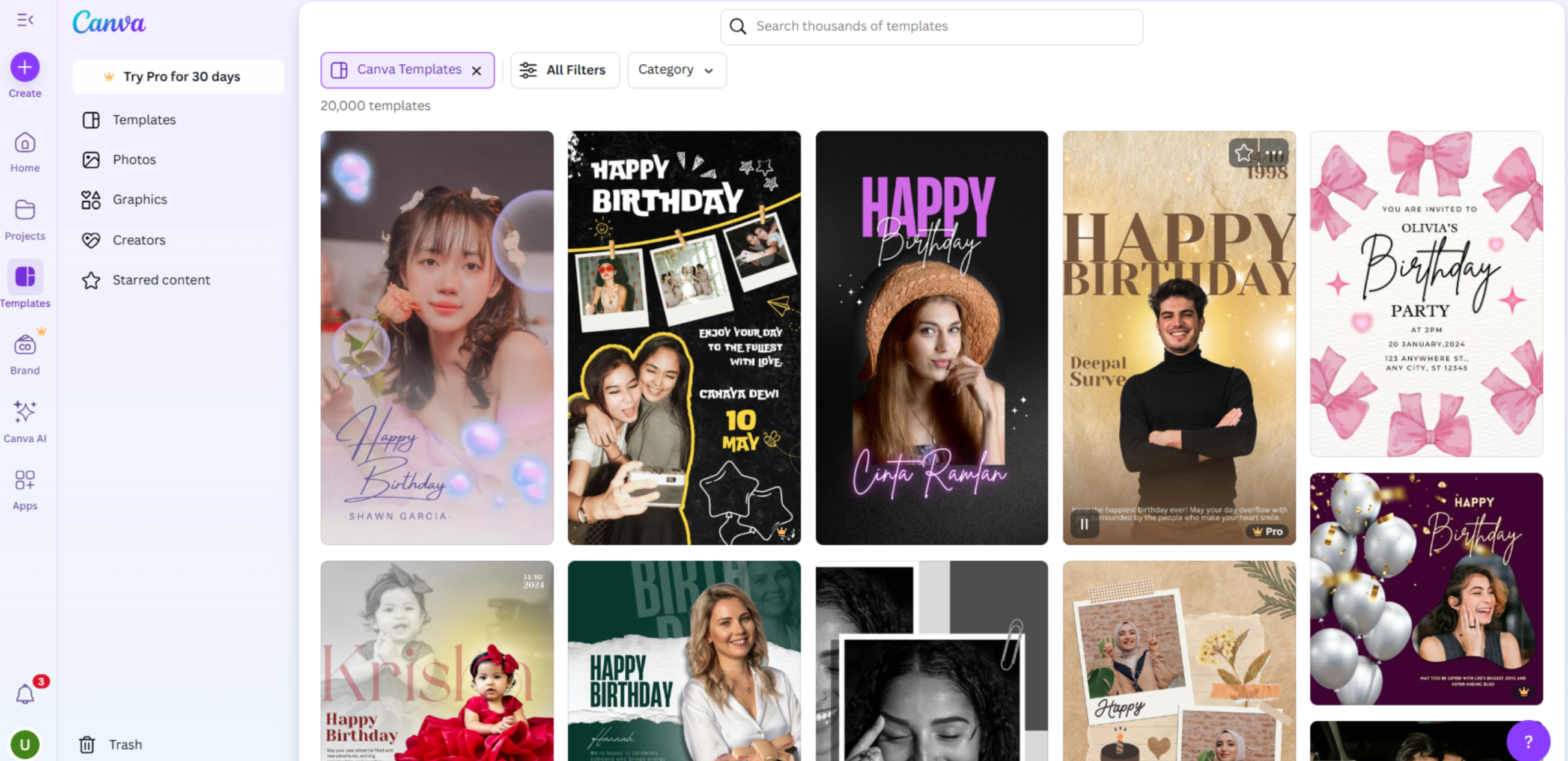 Interface of Canva - a perfect resource for free birthday background
