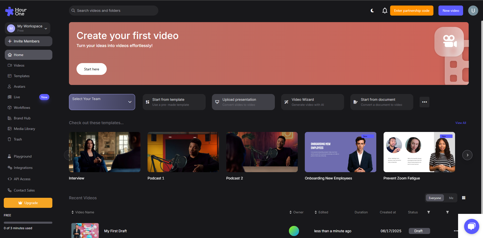 Interface of Hour One - the perfect AI training video maker