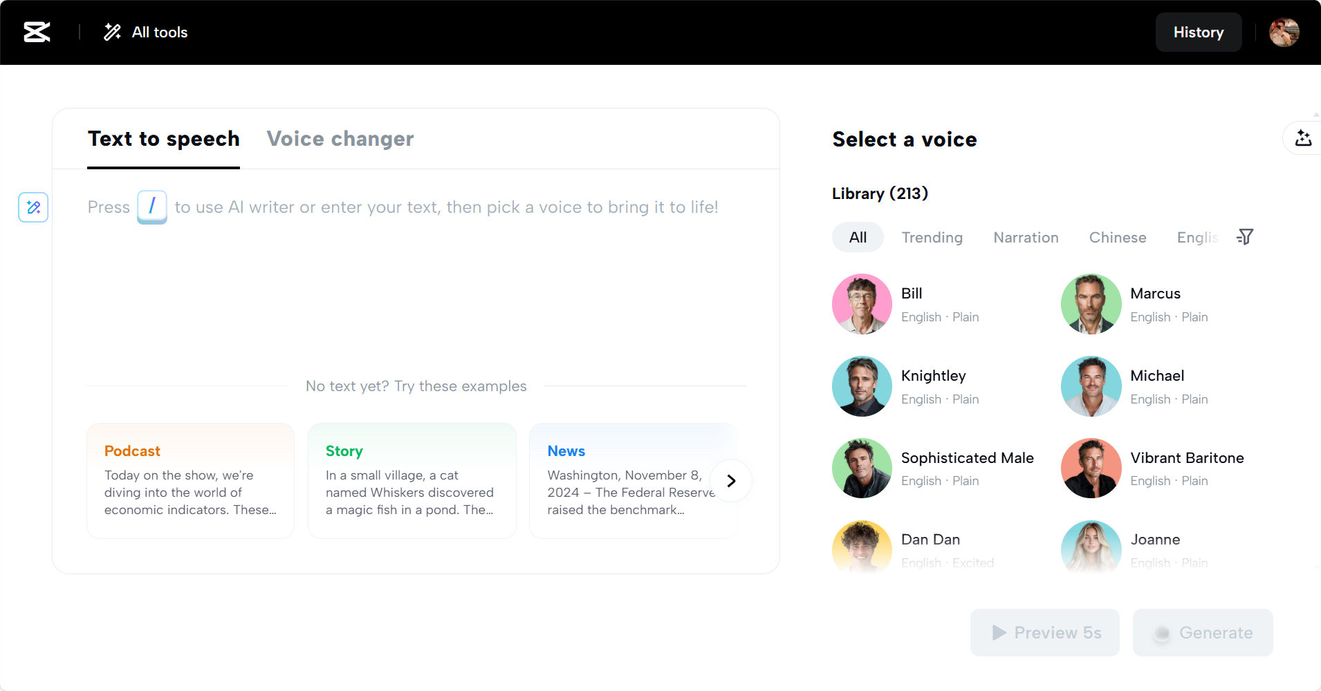 CapCut Web texto em fala